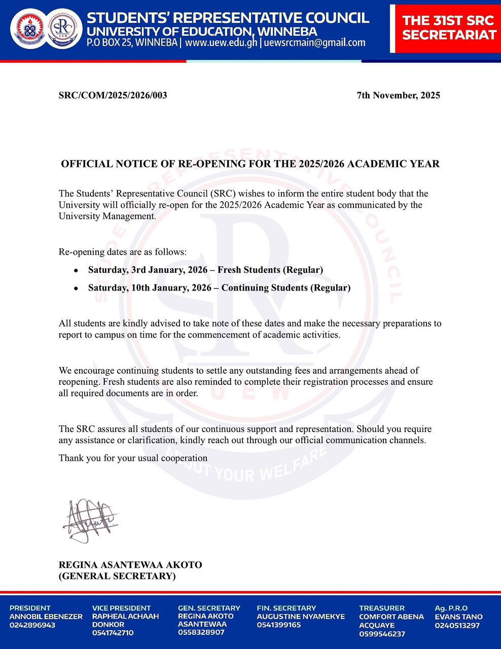UEW SRC Reopening Dates